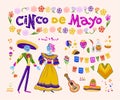 Vector cinco de mayo set of mexico traditional elements, symbols & skeleton characters in flat hand drawn style isolated on white