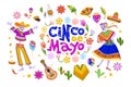 Vector cinco de mayo set of mexico traditional elements, symbols & skeleton characters in flat hand drawn style isolated on white