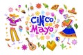 Vector cinco de mayo set of mexico traditional elements, symbols & skeleton characters in flat hand drawn style isolated on white Royalty Free Stock Photo