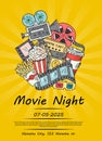 Vector cinema doodle icons poster for movie night or festival on sunrays bacgkround illustration Royalty Free Stock Photo