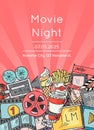 Vector cinema doodle icons poster for movie night or festival Royalty Free Stock Photo