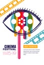 Vector cinema festival poster, banner. Human eye with film reel in pupil. Sale theatre tickets, movie time concept.