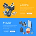 Vector cinematograph isometric elements web banner illustration