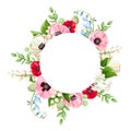 Vector circle card with red, pink, blue, and white flowers. Greeting or invitation card design Royalty Free Stock Photo