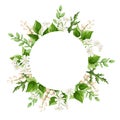 Vector circle card with white flowers and green leaves. Greeting or invitation card design