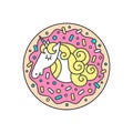 Vector circle composition or logo with unicorn in donut. Cartoon style cute character logotype
