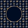 Vector circle frame on background of Playing Card suits symbols pattern. Illustration in golden, silver and black colors Royalty Free Stock Photo