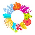 Vector circle frame with corals. Colorful sea or ocean life