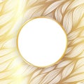 Vector circle frame with shadow on leaf hand drawn pattern on gold background. Royalty Free Stock Photo