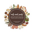 Vector circle label template with doodle nuts and seeds