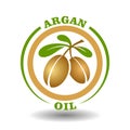 Vector circle logo Argan oil with green leaves icon and argania nuts symbol in round pictogram organic cosmetics, herbal medicine