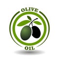 Vector circle logo Olive oil with green leaves branch and black fruit symbol in round pictogram for organic cosmetics sign Royalty Free Stock Photo