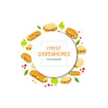 Vector Circle with Sandwiches, Round Shape Frame Template, Doodle Burgers and Sandwiches in the Background, Isolated on Royalty Free Stock Photo