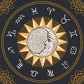 Circle of zodiac signs with Sun and crescent Moon Royalty Free Stock Photo