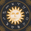 Circle of zodiac signs with hand drawn sun Royalty Free Stock Photo