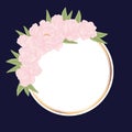 Vector circlet banner with hand drawn illustration of pink peonies with leaves and gold round border on classic blue background