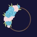 Vector circlet frame with hand drawn illustration of blue and pink peonies with leaves and gold round border on classic blue backg