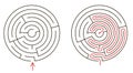 Vector circular labyrinth. Difficulty level - easy. Maze with entry and goal to reach the center of the circle. Solution
