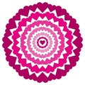 Vector circular pattern loving mandala with pink hearts colored