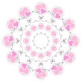 Vector circular round wedding romantic mandala with cute pink hearts and bows- adult coloring book page