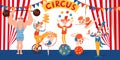 Great circus vector poster with cartoon cute characters