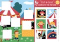 Vector circus cut and glue activity. Amusement show crafting game. Cute scene with marquee, clown, children, tickets. Find the