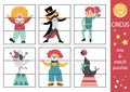 Vector circus mix and match puzzle with clown, magician, poodle, gymnast, seal. Matching amusement show activity for preschool