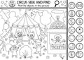 Vector circus searching black and white game with amusement show marquee, clown. Spot hidden objects in the picture. Simple line