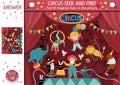 Vector circus searching game with amusement show scene and artists. Spot hidden magician hats in the picture. Simple festival