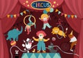 Vector circus stage with red curtains, artists, clown, animals. Street show scene with cute characters. Flat festival background. Royalty Free Stock Photo