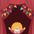 Vector circus stage with red curtains, flags, clown and place for text. Square concert scene background. Flat hall decoration. Royalty Free Stock Photo