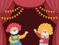 Vector circus stage with red curtains, flags, clowns and place for text. Concert scene background. Flat hall decoration. Holiday Royalty Free Stock Photo