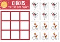Vector circus tic tac toe chart with animal artists. Amusement show board game playing field with funny performers. Street show