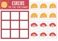 Vector circus tic tac toe chart with clown faces. Amusement show board game playing field with funny performers. Street show