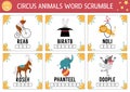 Vector circus word scramble square cards. English language game with bear, horse, rabbit for kids. Amusement holiday family quiz