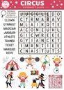 Vector circus wordsearch puzzle for kids. Simple amusement crossword with funny performers for children. Activity with clown,