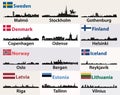 Vector cities skylines silhouettes of Scandinavian and North European countries