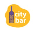 Vector city bar logo design template with hand drawn wine bottle and city view on it isolated on white background. Royalty Free Stock Photo