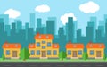 Vector city with cartoon houses and buildings. City space with road on flat style background concept Royalty Free Stock Photo