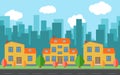 Vector city with cartoon houses and buildings. City space with road on flat style background concept Royalty Free Stock Photo