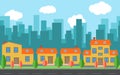 Vector city with cartoon houses and buildings. City space with road on flat style background concept Royalty Free Stock Photo