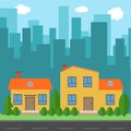 Vector city with cartoon houses and buildings. City space with road on flat syle background concept.