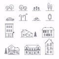 Vector city illustration in linear style. Icons and illustrations with buildings, houses and architecture signs. Ideal for