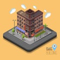 Vector city with isometric old buildings and cafes