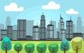 Vector city park with tall town building scenery illustration