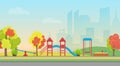 Vector city public park with kids playground entertainment on the modern city skyscrapers background. Autumn public city Royalty Free Stock Photo