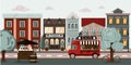 Vector city street with steakhouse restaurant, food truck with burgers and a beer cart. Cartoon illustration with a road