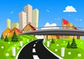 Vector city surrounded by nature landscape with bridge