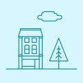 Vector city thin line office building with tree and cloud. Town business real estate apartment concept icon Royalty Free Stock Photo