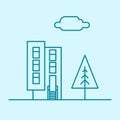 Vector City Thin Line Office Building With Tree And Cloud. Town Business Real Estate Apartment Concept Icon Design.